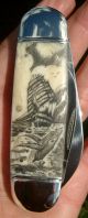 Scrimshaw Art,  Tall Ship,  Breaching Whale,  Island Folding Knife/knives Scrimshaws photo 1