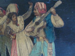 1900s Italian Sorrento Ware Marquetry Panel Olive Wood Dancers Inlay photo