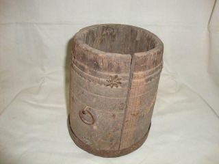 1870s Vintage Old Rare Iron Fitted Carved Antique Wooden Bucket photo