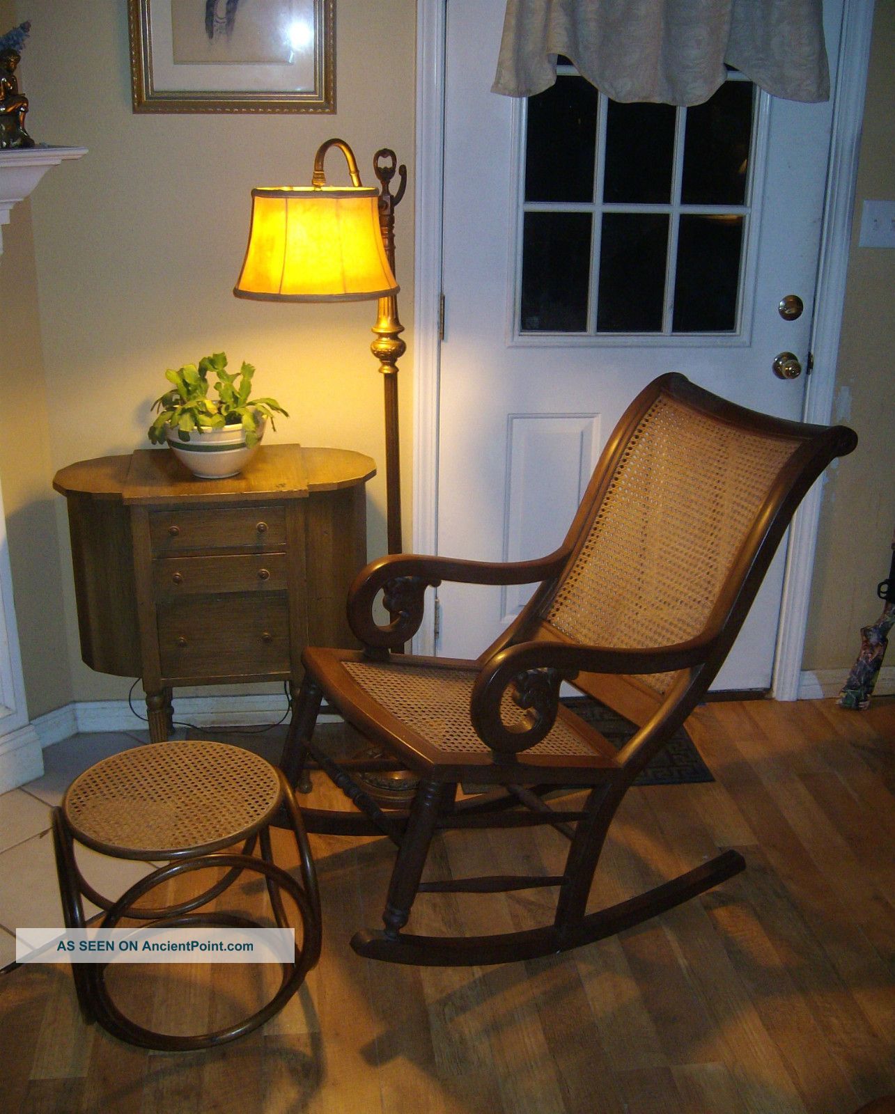 Vintage Mid Century Cane Back Rocking Chair And Foot Stool 1900-1950 photo