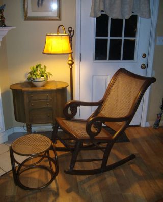 Vintage Mid Century Cane Back Rocking Chair And Foot Stool photo