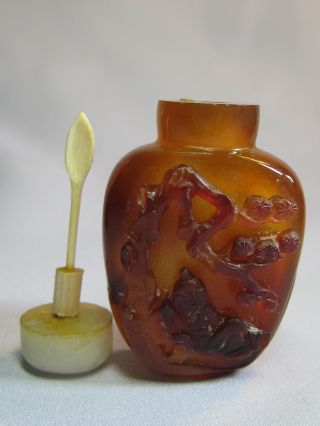 Rare Antique Carved Snuff Bottle With Jade Stopper & Tusk Spoon photo