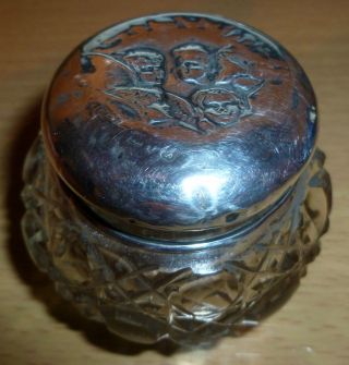 Silver Lidded Cut Glass Dresser Pot Chester 1907 Makers Mark Worn Cherub Design photo