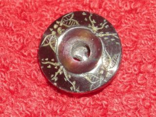 Antique Purple Dyed Mother Pearl Whistle Carved Floral Gold Luster Button 1/2 