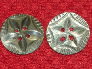 2 Antique Dark Smokey Mother Pearl Incised Carved Button 3/4 