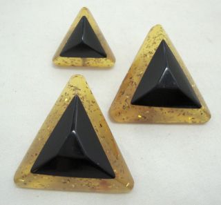 Antique Buttons Art Deco Triangle Geometric Lucite Resin Black W/ Yellow Sparkle photo