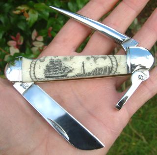 Authentic Scrimshaw,  Tall Ship,  Lighthouse,  Marlin Spike,  Mariner ' S Knife/knives photo