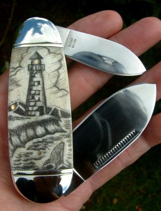 Scrimshaw Art,  Lighthouse,  Breaching Whale,  Folding Knife/knives photo