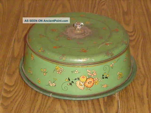 Vintage Tin Cake Saver Wood Plate & Glass Knob Carrier Metal Cover Server Green Other photo