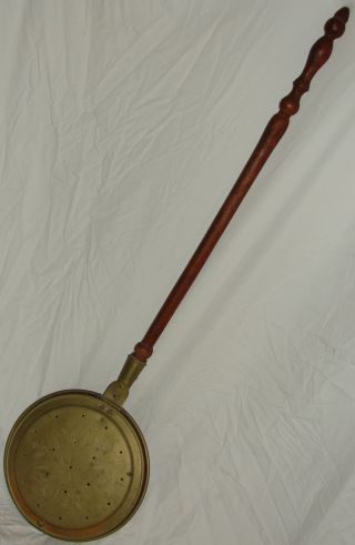 Antique Bed Warmer - Tooled Brass & Turned Cherry - 45 Inches Long - Estate Find photo