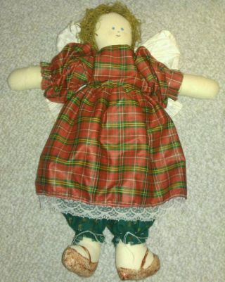 Primitive Fabric Folk Art Angel Doll,  Plaid Dress,  Wings,  Pants Vintage Signed photo