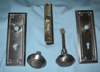 Antique Door Set Mortise Lock Brass Faceplate Knobs Backplates Mission Style photo