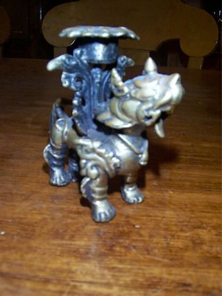 Set,  4 Antique Brass Candleholders In The Form Of Foo Dogs photo