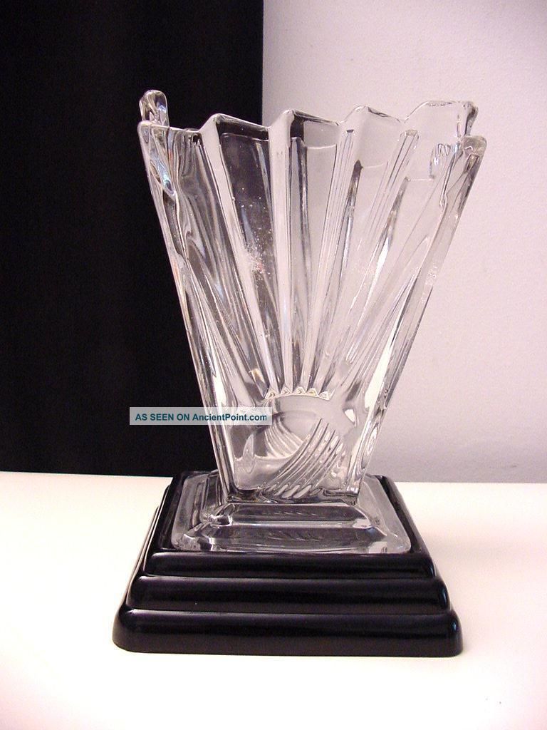 Art Deco Glass Vase On Black Glass Base,  Sunray By Sowerby Vases photo
