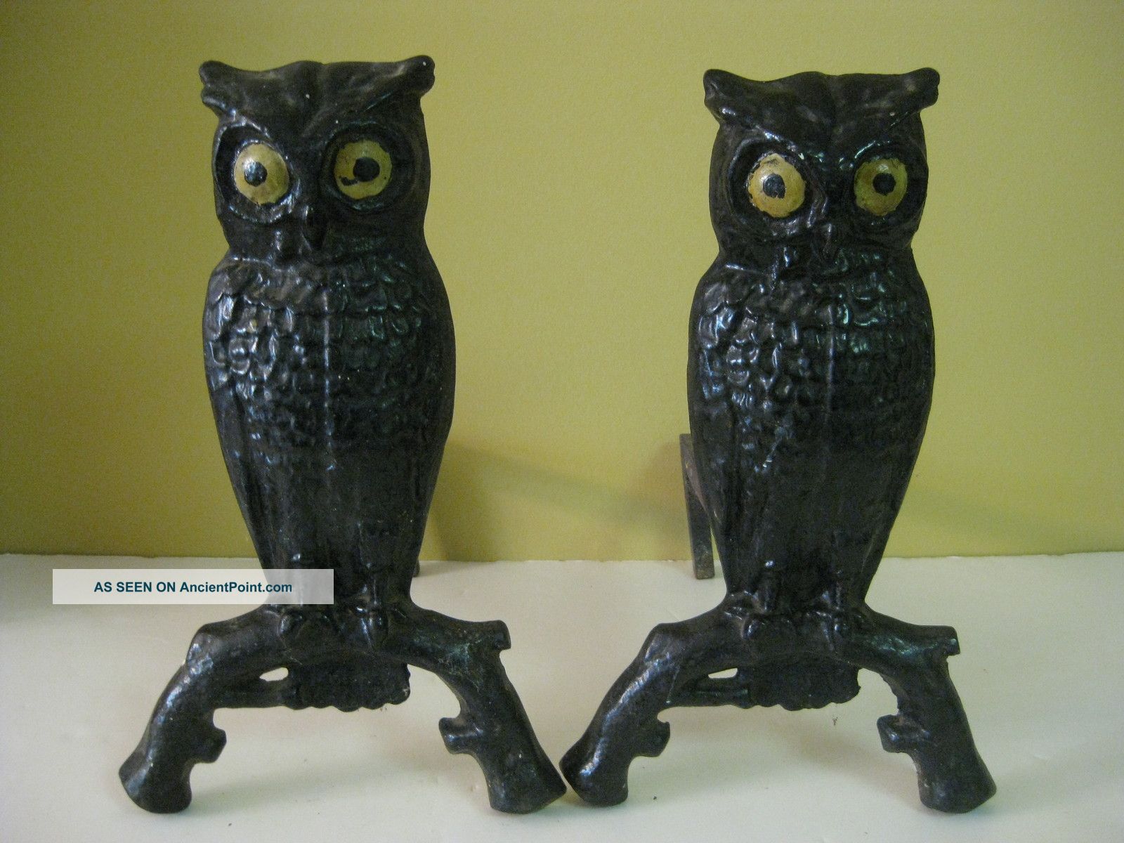 Antique Heavy Arts & Crafts Style Owl Andirons Figural W Yellow Eyes On Branch Hearth Ware photo