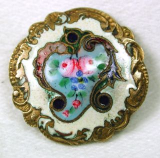 Antique French Enamel Button Hand Painted Floral With Baroque Brass Paris Back photo