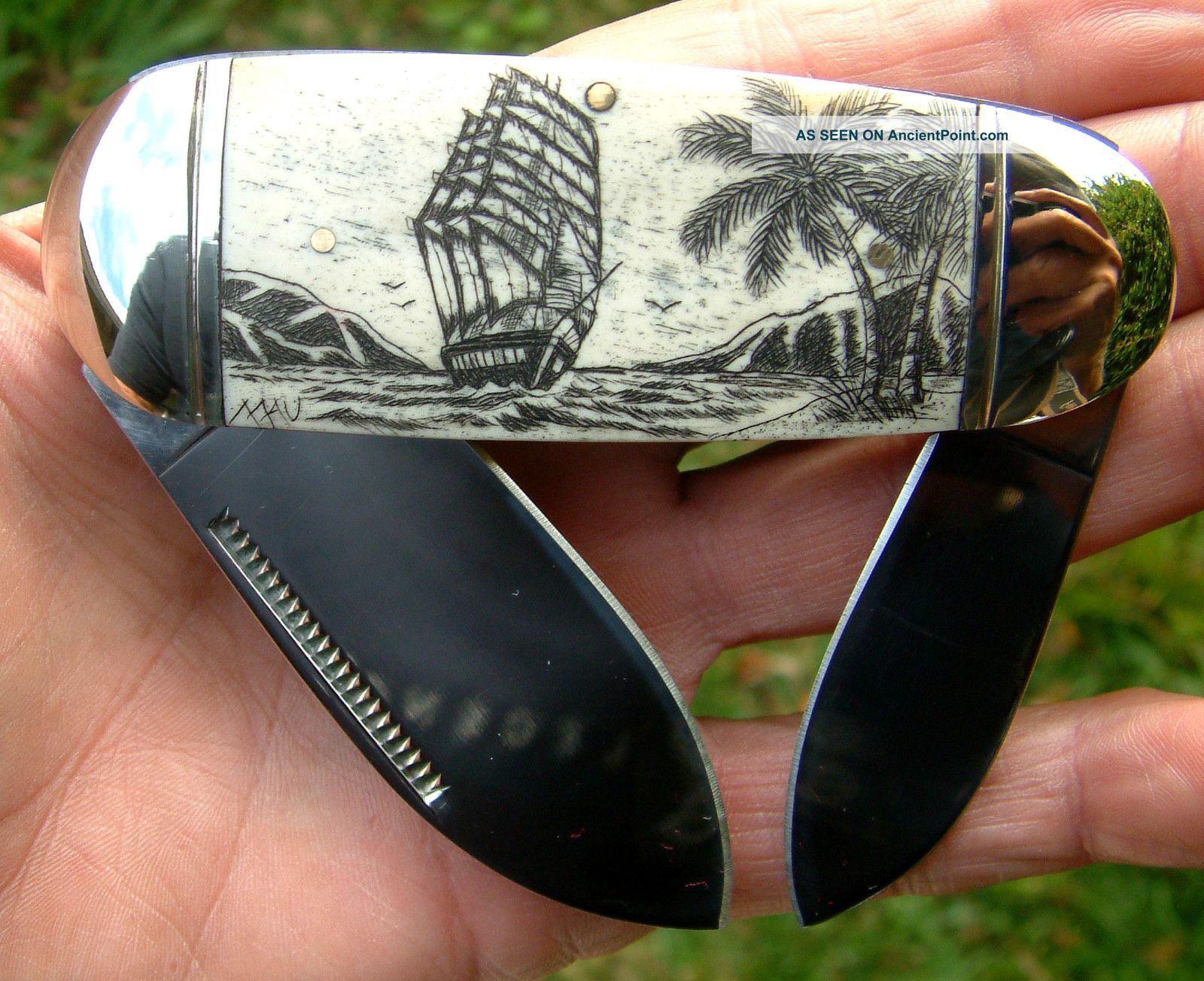 Nautical Scrimshaw,  Tall Ship,  Palm Trees,  Island,  Folding Knife/knives Scrimshaws photo
