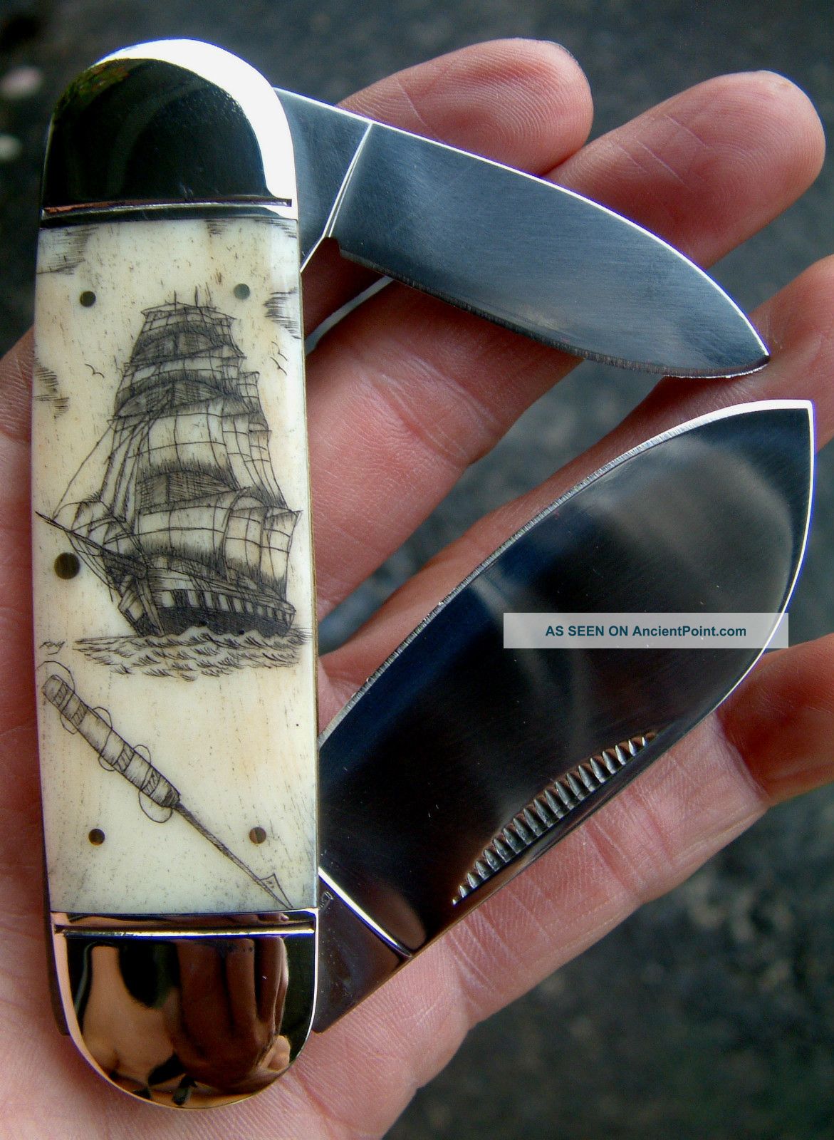 Nautical Scrimshaw Art,  Tall Ship,  Harpoon,  Folding Knife/knives Scrimshaws photo