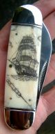 Nautical Scrimshaw Art,  Tall Ship,  Harpoon,  Folding Knife/knives Scrimshaws photo 1
