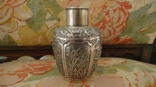 Antique Chinese Export Dragon Gilded Interior Silver Tea Caddy Signed Hand Made photo