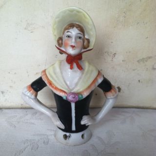 Antique German Figural Bonnet Lady Pincushion Doll Germany Porcelain Pretty photo