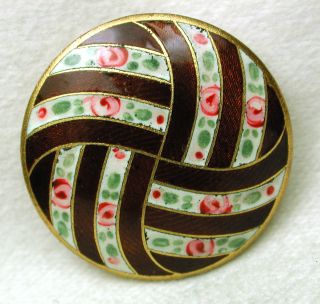 Antique Hand Painted French Enamel Button Flower Woven Ribbons - photo