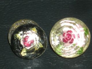 2 Antique Diminutive Dimi Reverse Painted Intaglio Flowers Under Glass Button photo