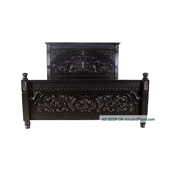 Stunning Gothic Carved Distressed Black/gold Mahogany Renaissance Bed,  So Chic Post-1950 photo