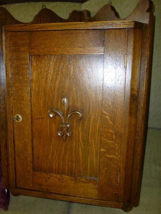 Antique Oak Medicine Cabinet Larkin Lock Key Refinished Curio Corner Cupboard photo