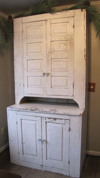 19th C Huge Early Old Primitive Wooden Step Back Cupboard Cabinet White Paint photo