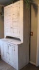 19th C Huge Early Old Primitive Wooden Step Back Cupboard Cabinet White Paint Primitives photo 1