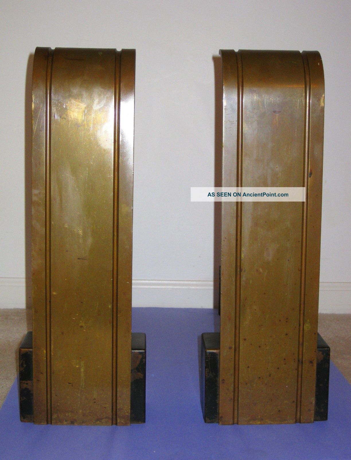 Mid - Century Art Deco Bronze Andirons Black Enamel Architectual Fireplace Hearth Art Deco photo