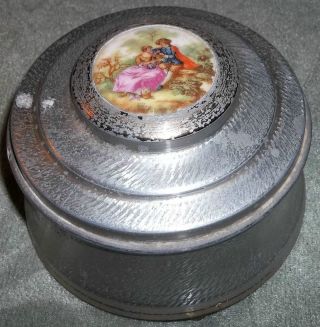 Estate Old Victorian Metal Aluminum? Cameo Victorian Couple Musical Powder Jar & photo