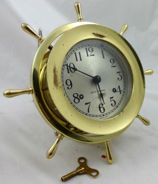 Vintage Seth Thomas Helmsman Brass Ships Bell Wall Clock,  100% Working W/ Key photo
