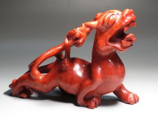 Chinese Old Red Jade Bloodstone Hand Carved Big Dragon Statue Size Length 18.  5cm photo