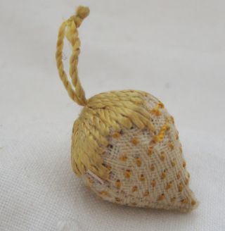 Antique Victorian Strawberry Miniature Yellow Sewing Pin Cushion Emery Tool Old photo