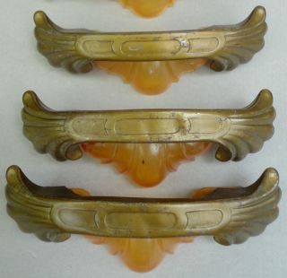 Drawer Pulls Lot 4 Celluloid Waterfall Amber Art Deco Brass Tone W Screws C1920s photo