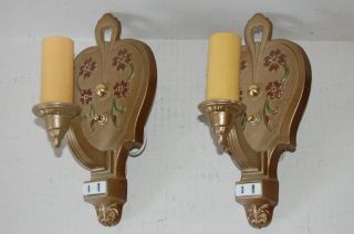Pair Art Deco Electric Candle Wall Sconces W/ Flowers photo