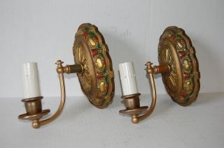 Pair Polychrome Art Deco Electric Candle Wall Sconces photo