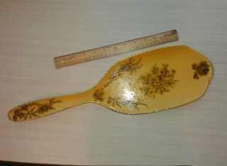 Antique Large Wood Hand Held Vanity Mirror With Gold Hand Painted Floral Design photo