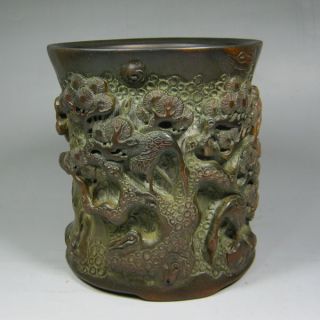 19th C Chinese Qing Dynasty Hand Carved High Relief Bamboo Brush Pot photo