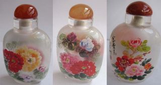 154160270 Peking Glass Inside Painting Charming Peony Snuff Bottle&gift Box 3pcs photo