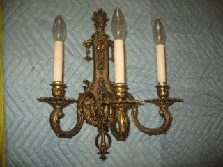 Vintage French Bronze Brass Wall Sconce Lamp Light No Crystal 3 Arm photo