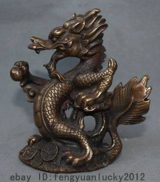 Lucky China Chinese Bronze Fengshui Fly Zodiac Year Dragon Play Ball Statue photo