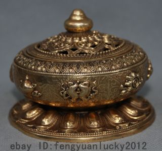 Tibet Tibetan Buddhism Brass 8 Auspicious Symbol Incense Burner Censer Box photo