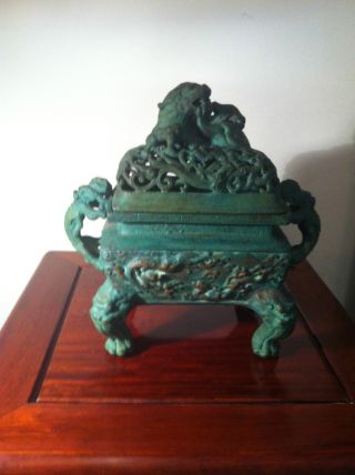 4kg 15th Marked 大明宣德年制－unusual Rare Green Bronze Incense Burner photo