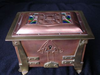 Arts And Crafts Nouveau Glasgow Secessionist Jugendstil Copper Brass Enamel Box photo