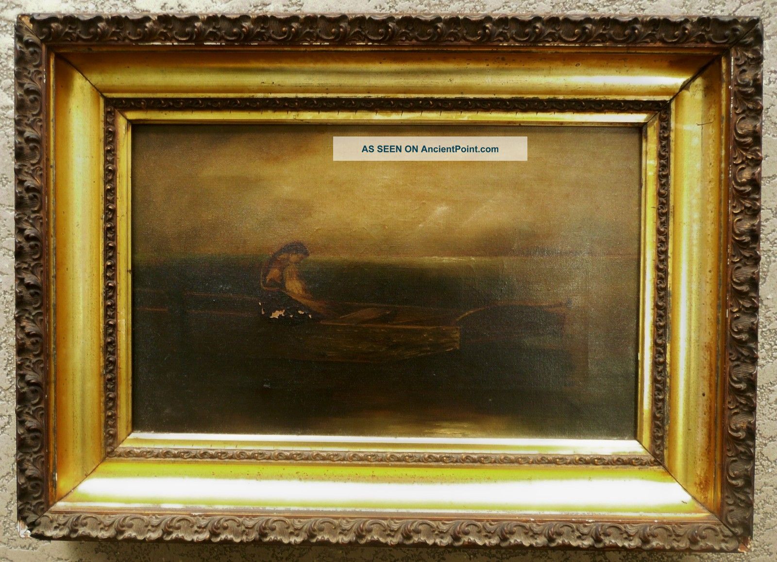 Antique Oil Painting Canvas Woman Girl In A Fishing Row Boat Maritime Seascape Folk Art photo