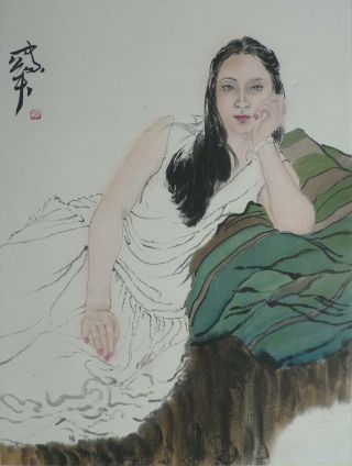 Excellent Chinese Mounted Painting Of Portrait By He Jiaying photo