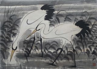 Excellent Chinese Mounted Painting Of Egret By Lin Fengmian photo